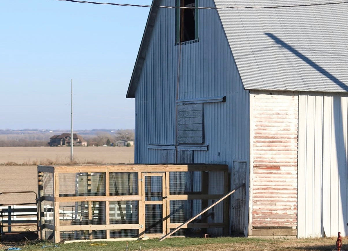 The century-old barn before its renovation, with weathered blue metal siding and an old wooden pen in the Nebraska countryside
