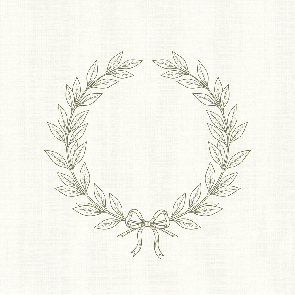 Fine olive-green laurel wreath with a ribbon bow on a warm ivory background.