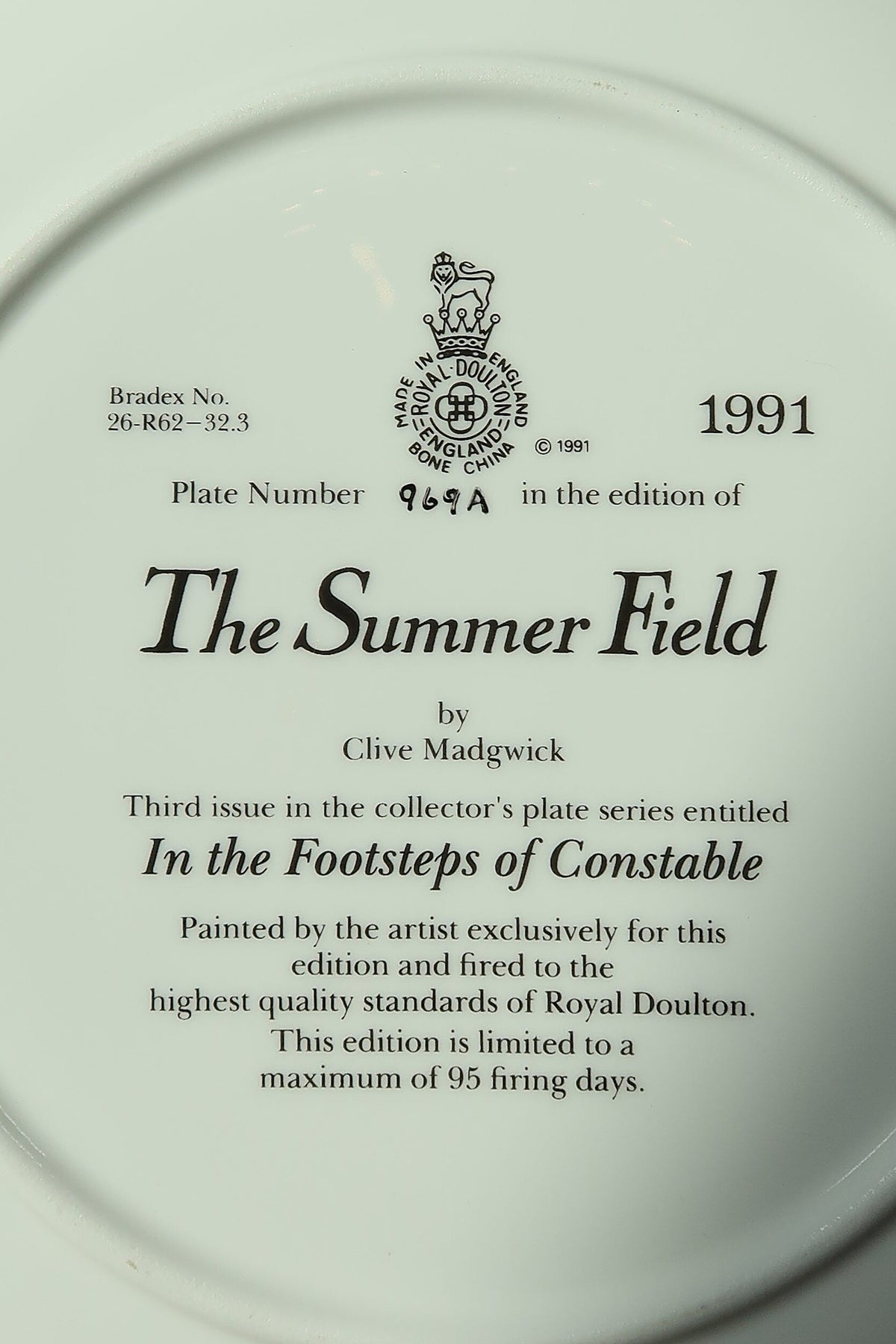 Close-up of the Royal Doulton lion and crown backstamp with The Summer Field title, Clive Madgwick credit and 1991 date