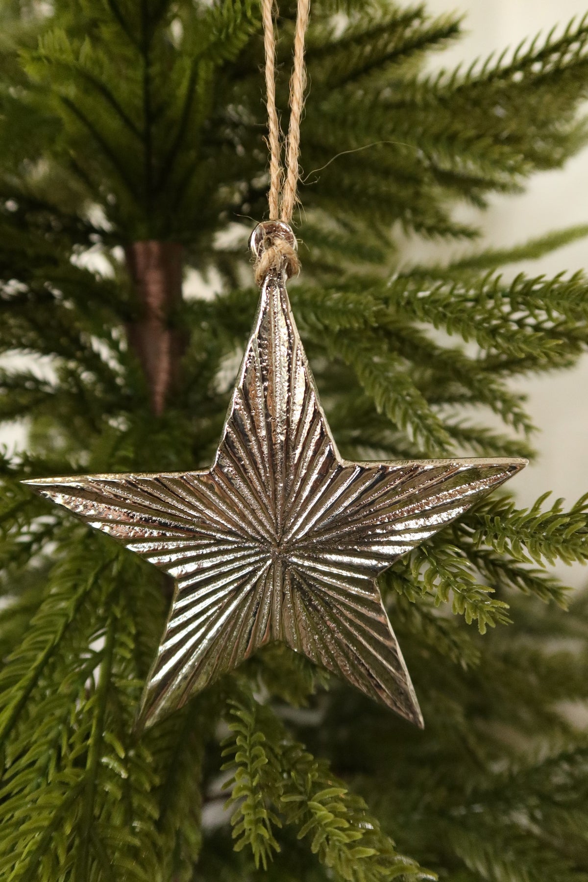 Front view of the 4 inch silver metal star ornament on jute twine against green pine branches
