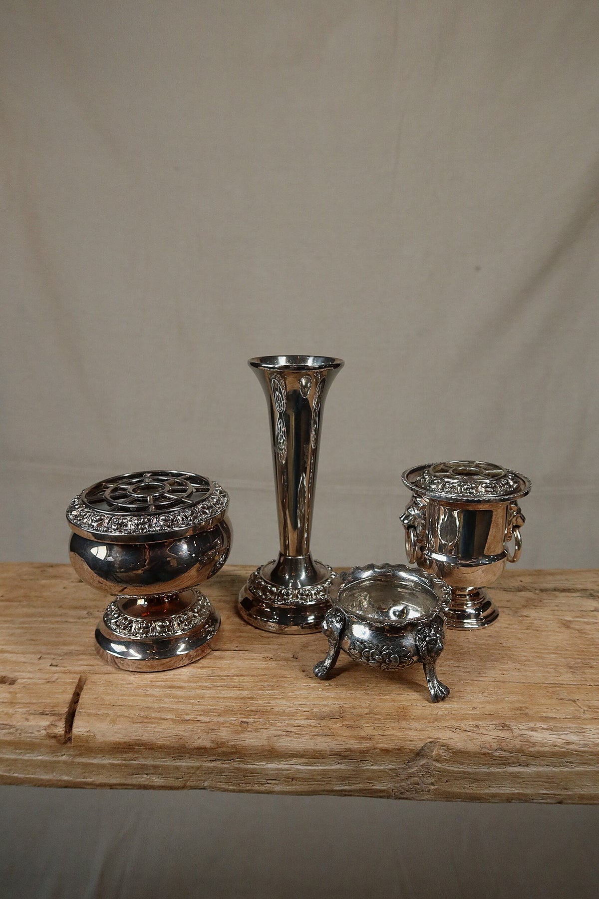 Ianthe silver plate bud vase shown with other vintage silver plate pieces, which are sold separately