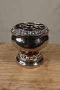 Vintage Ianthe of England silver plate footed rose bowl with a pierced flower frog grille and embossed floral borders